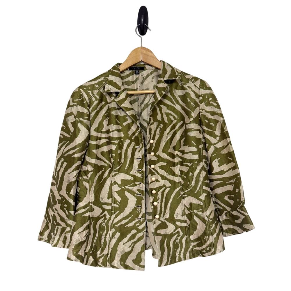 CARLISLE green beige animal print cotton silk lightweight blazer jacket top